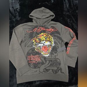 Ed Hardy Charcoal Hoodie with Tiger Graphic
